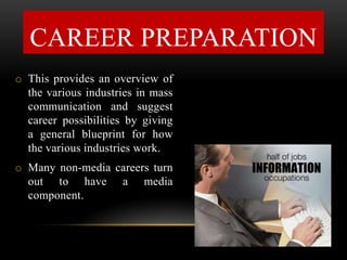 o This provides an overview of
the various industries in mass
communication and suggest
career possibilities by giving
a general blueprint for how
the various industries work.
o Many non-media careers turn
out to have a media
component.
CAREER PREPARATION
 