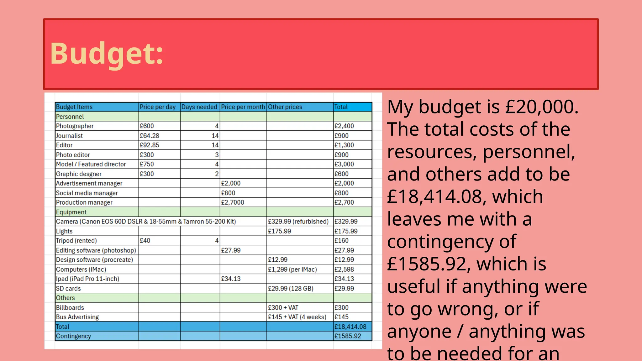 Budget:
My budget is £20,000.
The total costs of the
resources, personnel,
and others add to be
£18,414.08, which
leaves me with a
contingency of
£1585.92, which is
useful if anything were
to go wrong, or if
anyone / anything was
to be needed for an
 