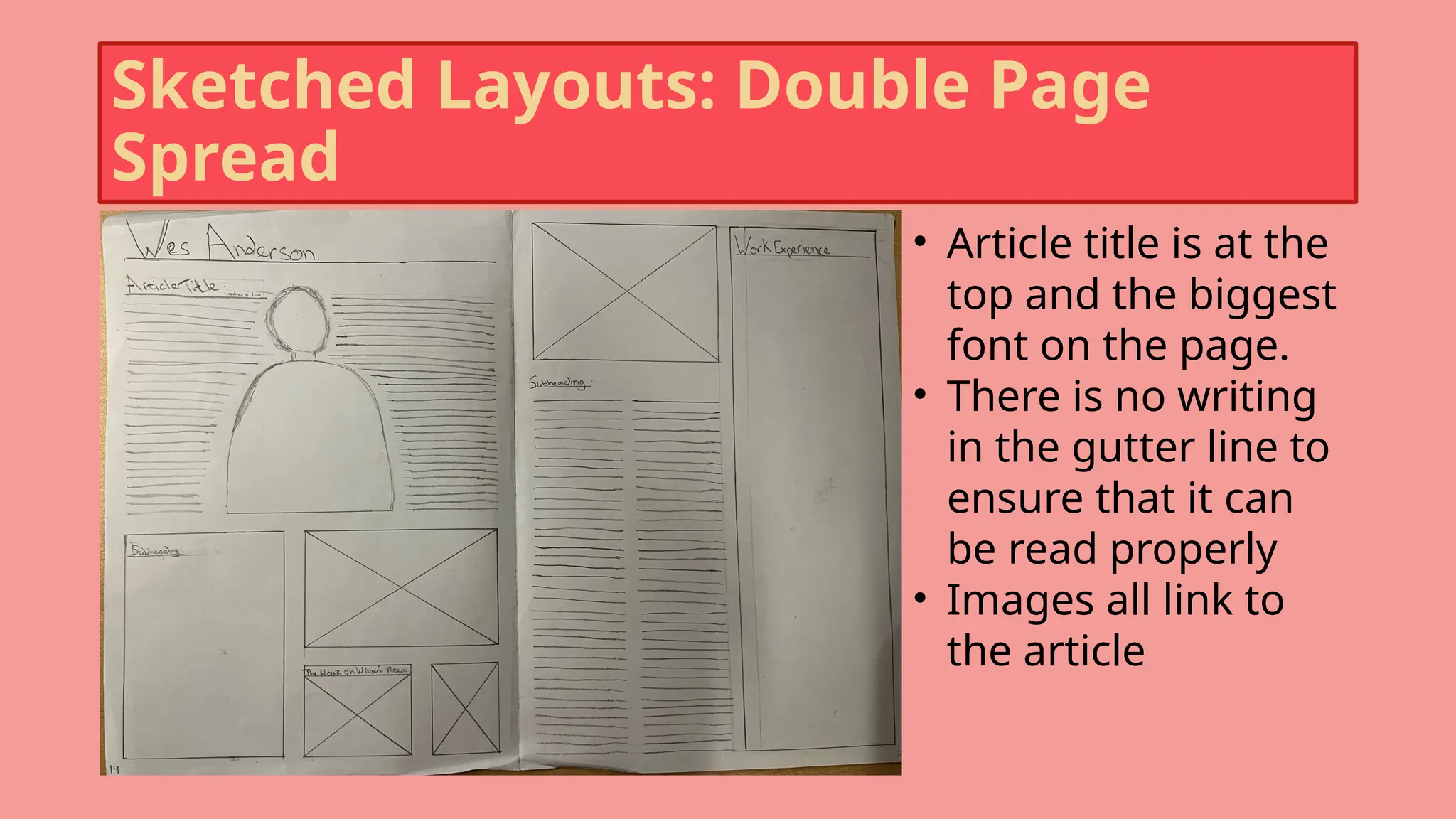 Sketched Layouts: Double Page
Spread
• Article title is at the
top and the biggest
font on the page.
• There is no writing
in the gutter line to
ensure that it can
be read properly
• Images all link to
the article
 