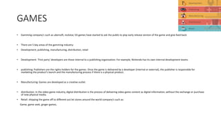 GAMES
• Gamming company's such as ubersoft, rockstar, EA games have started to ask the public to play early release version of the game and give feed back
• There are 5 key areas of the gamming industry:
• Development, publishing, manufacturing, distribution, retail
• Development: ‘First party’ developers are those internal to a publishing organization. For example, Nintendo has its own internal development teams.
• publishing: Publishers are the rights-holders for the games. Once the game is delivered by a developer (internal or external), the publisher is responsible for
marketing the product’s launch and the manufacturing process if there is a physical product.
• Manufacturing: Games are developed as a creative outlet
• distribution: In the video game industry, digital distribution is the process of delivering video game content as digital information, without the exchange or purchase
of new physical media.
• Retail: shipping the game off to different out let stores around the world company's such as:
Game, game seek, ginger games,
 