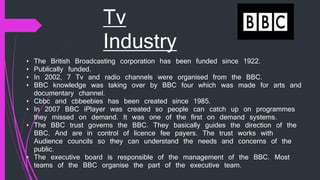 Tv
Industry
• The British Broadcasting corporation has been funded since 1922.
• Publically funded.
• In 2002, 7 Tv and radio channels were organised from the BBC.
• BBC knowledge was taking over by BBC four which was made for arts and
documentary channel.
• Cbbc and cbbeebies has been created since 1985.
• In 2007 BBC iPlayer was created so people can catch up on programmes
they missed on demand. It was one of the first on demand systems.
• The BBC trust governs the BBC. They basically guides the direction of the
BBC. And are in control of licence fee payers. The trust works with
Audience councils so they can understand the needs and concerns of the
public.
• The executive board is responsible of the management of the BBC. Most
teams of the BBC organise the part of the executive team.
 