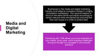 Media and
Digital
Marketing
Partnering with. TNS allows you to put emphasis on
your clients, bring value, solve business challenges
and grow through our managed IT and security
solutions
Businesses in the media and digital marketing
industry must adapt to consistent change in a highly
competitive marketplace. This requires leaders to
focus on the latest trends and adjust accordingly to
remain relevant while simultaneously ensuring that
their own house is in order to protect data.
 