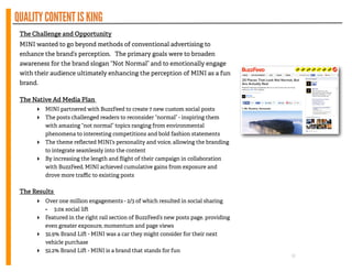 QUALITYCONTENTISKING
The Challenge and Opportunity
MINI wanted to go beyond methods of conventional advertising to
enhance the brand’s perception. The primary goals were to broaden
awareness for the brand slogan “Not Normal” and to emotionally engage
with their audience ultimately enhancing the perception of MINI as a fun
brand.
!
The Native Ad Media Plan
‣ MINI partnered with BuzzFeed to create 7 new custom social posts
‣ The posts challenged readers to reconsider “normal” - inspiring them
with amazing “not normal” topics ranging from environmental
phenomena to interesting competitions and bold fashion statements
‣ The theme reﬂected MINI’s personality and voice, allowing the branding
to integrate seamlessly into the content
‣ By increasing the length and ﬂight of their campaign in collaboration
with BuzzFeed, MINI achieved cumulative gains from exposure and
drove more traﬃc to existing posts
!
The Results
‣ Over one million engagements - 2/3 of which resulted in social sharing
- 3.0x social li
‣ Featured in the right rail section of BuzzFeed’s new posts page. providing
even greater exposure, momentum and page views
‣ 32.9% Brand Li - MINI was a car they might consider for their next
vehicle purchase
‣ 52.2% Brand Li - MINI is a brand that stands for fun
12
 