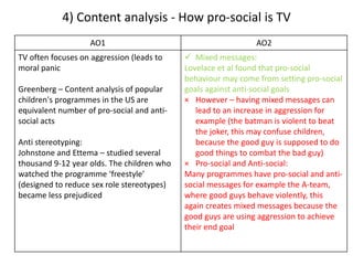 4) Content analysis - How pro-social is TV
AO1 AO2
TV often focuses on aggression (leads to
moral panic
Greenberg – Content analysis of popular
children's programmes in the US are
equivalent number of pro-social and anti-
social acts
Anti stereotyping:
Johnstone and Ettema – studied several
thousand 9-12 year olds. The children who
watched the programme ‘freestyle’
(designed to reduce sex role stereotypes)
became less prejudiced
 Mixed messages:
Lovelace et al found that pro-social
behaviour may come from setting pro-social
goals against anti-social goals
× However – having mixed messages can
lead to an increase in aggression for
example (the batman is violent to beat
the joker, this may confuse children,
because the good guy is supposed to do
good things to combat the bad guy)
× Pro-social and Anti-social:
Many programmes have pro-social and anti-
social messages for example the A-team,
where good guys behave violently, this
again creates mixed messages because the
good guys are using aggression to achieve
their end goal
 