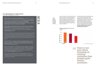 Market share is a key driver of profitability, and as Byron Sharp,
Director of the Ehrenberg-Bass Institute has shown, the primary
driver of market share is penetration. The main way brands grow
is by selling to more people: so the main way marketing
communications drive growth is by increasing penetration, and the
biggest gains come from customer acquisition.
Brand loyalty is less important, and is to a large extent a side effect
of penetration. Brands with high penetration tend to have better
loyalty rates, as measured by things like share of category
requirement and customer retention. This is what Sharp calls the
‘double jeopardy’ effect.
Our data confirms his model. Communications that target existing
customers with the aim of improving loyalty or retention tend to
have much smaller effects and these are short term. However, the
most effective campaigns talk to everyone in the market. They talk
to customers and non-customers; they increase penetration and
loyalty.
Sharp argues that, in most cases, the target market is in fact all
buyers of the category. Markets are much less segmented than most
marketers believe, and successful niche brands (in the true sense
of the word) are relatively rare.
So successful brands talk to all buyers of the category, customers
and non-customers, on a regular basis. Most of these people have
encountered the brand before at some point, so the main job is
usually just to remind them about it, and to ensure that it has
higher‘mental availability’ than its rivals.
That means marketing really is a numbers game; the most
successful brands tend to be those that have the most customers,
and they tend to be the brands that talk to the most people in
the market, most often.
MEDIA IN FOCUS — MARKETING EFFECTIVENESS IN THE DIGITAL ERA DOES MASS MARKETING STILL WORK?28 29
THE IMPORTANCE OF PENETRATION
A VIEW FROM THE EHRENBERG-BASS INSTITUTE
There is, however, one area where focussing
on existing customers does produce good
results: activation. If you want immediate,
short-term responses, then talking to
people who already know you may be a good
idea. The IPA data shows that, the more
tightly focussed a campaign is on current
users, the more likely it is to produce these
‘activation’ effects.18
It is easy to see why this is: existing customers
are by definition already buyers of the
category, they are more likely to notice
communications from their brand, and they
are already warm towards it. All of that
makes them more likely to respond to
offers, information about new products,
etc. This is quite an efficient way to boost
sales, but as we showed in The Long and the
Short of It, the effects tend to be short term.
Long-term growth mostly comes from
expanding the customer base.
18Inthedatathesecovera
widerangeofshort-term
responses:directresponses,
immediateshort-termsales,
promotionaluplifts,
click-throughsetc.
VIEW
VERYLARGEACTIVATIONEFFECTS
TARGETING
FOCUSING ON EXISTING CUSTOMERS IS GOOD FOR SALES
ACTIVATION (FIGURE 16)
Source: IPA Databank, 2008-2016 cases
0%
60%
50%
40%
30%
20%
10%
NEW
CUSTOMERS
EXISTING
CUSTOMERS
BOTH
There is one
area where
focussing on
existing
customers does
produce good
results:
activation.
 