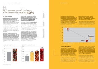 MEDIA IN FOCUS — MARKETING EFFECTIVENESS IN THE DIGITAL ERA
Advertisers continue to spend heavily on
video, because that is the medium that
people spend most time with, and they still
devote the bulk of their budget to TV,
because TV still accounts for most viewing.
But there is another reason why they use
TV: because it works.
As we showed earlier, TV has historically
been the medium with the biggest effects
on hard business metrics like sales and
profit. But the extraordinary changes in
media habits over the last ten years or so
have led many to question whether TV can
still deliver.
The IPA data allows us to measure the
effectiveness of TV in recent years. The chart
below shows IPA data from 2008 to 2016, the
era of smartphones, social media and online
video. In the chart, we have compared our
standard metric of overall effectiveness (the
number of ‘very large’ business effects) for
campaigns that used TV against those that
didn’t.
The differences observed opposite do
probably reflect budgets to some extent, but
the chart below shows that different kinds
of TV advertising do have different kinds of
effects as well. DRTV is a highly effective
activation medium, but not so good for
building brands. Brand TV and sponsorships
are much better for brand building, but
have smaller activation effects.
Although video on demand (VoD) is
delivered via the internet, the distinction
between VoD and TV is becoming increasingly
blurred. Although viewers may realise that
the content is delivered through their
broadband connection when prompted,
they probably regard channels like the ITV
Hub33
and Netflix as ‘TV’ most of the time.
Some VoD viewing undoubtedly replaces
live TV, but not all. In many ways, VoD is
more like playback TV or DVD, and it seems
likely that some of the time people now spend
watching VoD has replaced those media.
Just over half of all VoD is paid for, the
HOW MEDIA WORK TODAY46 47
TV ADVERTISING
VIDEO ON DEMAND
Sources: IPA Databank, 2008-2016
WITHOUT TV
AVERAGENO.OFVLBUSINESSEFFECTS
WITH TV
0.0
0.2
0.4
0.6
0.8
1.0
1.2
1.4
1.6
1.8
TV IS STILL HIGHLY EFFECTIVE (FIGURE 28)
TV increases overall business
effectiveness by around 40%
As you can see, campaigns that use TV in
the Web 2.0 era are significantly30
more
effective than those that d0 not. In fact, the
data suggests that TV increases overall
business effectiveness by around 40%.
30Differencestatistically
significantat95%
confidencelevel.
The IPA data shows that TV advertising has a
particularly strong effect on market share.
Brands that use TV tend to gain market share
around twice as fast as brands that do not, and
again the difference is highly significant.31
This is not just a budget effect. Share of
voice analysis shows that campaigns that
used TV produce much bigger market share
gains for a given level of share of voice.
According to the IPA data, TV is still much
the best medium for driving market share,
and this matters because (as we will see in
Part 6) market share is the most important
business metric as far as profit is concerned.
The chart below shows the effects of different
kinds of TV advertising on market share.32
It
shows that brand TV advertising still
produces the biggest effects, followed by
DRTV, followed by sponsorship:
31Differencestatistically
significantat99%
confidencelevel.
32SeparatedataonDRTV,TV
sponsorshipandTVspotadsisonly
availablefrom2012onwards.
33FormerlyITVPlayer.
NO TV DRTV BRAND TV
AVERAGEMARKETSHAREPOINTSGAINEDPERANNUM
TV SPONSORSHIP
0.0%
0.5%
1.0%
1.5%
2.0%
2.5%
3.0%
TV IS BEST FOR MARKET SHARE GROWTH (FIGURE 29)
2.6%
2.1%
1.8%
1.1%
THE TRADE-OFF BETWEEN BRAND BUILDING AND ACTIVATION EFFECTS ACROSS TV FORMATS (FIGURE 30)
biggest players being Netflix, Amazon
Prime and iTunes. These channels offer
films and TV shows on demand, either for a
fixed fee, or on a pay-as-you-go basis.
The Touchpoints data shows that subscriber
VoD is still relatively small. In 2016, it only
accounted for 4% of total video hours, much
less than most people in advertising would
probably expect. As yet, the rise of subscriber
VoD has not significantly dented viewing
figures for conventional broadcast TV. But it
is more important for younger viewers, and
it is growing fast, so it may eventually pose
a threat. And because it carries no advertising,
it could reduce TV ad effectiveness, although
there is no sign of that at present.
Another reason why VoD has not hurt
broadcasters much yet is that they have
been exploiting it themselves. Just under
half of all VoD viewing is broadcaster VoD
services, like the ITV Hub and 4oD, or
‘catch-up TV’ as they are sometimes known.
Unlike subscriber VoD, broadcaster VoD does
carry advertising. Although the audiences
Source: IPA Databank, 2012-2016
%CAMPAIGNSWITHVLACTIVATIONEFFECTS
AVERAGE NO. OF VL BRAND EFFECTS
35%
40%
45%
50%
55%
60%
65%
70%
75%
80%
1.1 1.2 1.3 1.4 1.5 1.6 1.7 1.8 1.9
TV
SPONSORSHIP
BRAND TV
DRTV
 