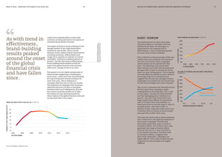 MEDIA IN FOCUS — MARKETING EFFECTIVENESS IN THE DIGITAL ERA HOW HAS THE CHANGING MEDIA LANDSCAPE BENEFITED MARKETING EFFECTIVENESS?60 61
Clearly the increasing efforts to drive sales
activation are being achieved at the expense of
maintaining the health of brands.
The neglect of brand is clearly evidenced in the
average number of very large brand effects
achieved by case studies. This is a broad
measure across a basket of seven brand metrics
including awareness, differentiation and
image and is arguably an indicator of‘mental
availability’ and hence a leading indicator of
growth.40
As with the trends in effectiveness,
brand-building results peaked around the
onset of the global financial crisis and have
fallen since, though not yet by as much.
40SeeHowBrandsGrow,SharpB,
OUP,2010andHowBrandsGrowPart2
RomaniukJ&SharpB,OUP,2016.
The observed focus on short-term sales
activation effects is consistent with the
primary factor that, we will argue, is
responsible for the reported loss of
effectiveness: a very considerable growth
in recent years of short-termism.
This is defined as the percentage of IPA case
studies that were evaluated over periods of
less than six months (these campaigns
almost always ran for periods less than
this). The following chart shows how
short-termism has risen from its long-term
average of 8% of cases to around 25% in the
latest ten-year rolling period. This is despite
renewed efforts by the IPA in recent years to
encourage long-term evaluations and
suggests that the picture amongst ordinary
campaigns not entered into the awards may
be even more strongly short-term oriented.
Fig 3 in Part 2 presented the theoretical basis
for why short-term campaigns might
underperform in the long term, but, so far
in this report, we have not demonstrated
just how damaging short-termism is to
growth. Our next chart shows how very
large market share effects are reported by
just 3% of short-term cases whereas, in
cases more than 30 months long (3+ years in
rounded terms), this rises to 38%. In
absolute terms, long-term cases (more than
6 months) drive 4.6 times as much market
share growth as short-term cases.
The chart also shows why so many marketers
turn a blind eye to this glaring weakness of
short-term campaigns: because they
out-achieve long-term cases in terms of
activation effects. 65% of short-term cases
generated very large activation effects
whereas only 33% of 3+ year cases did so.
If you measure success in the short term
by activation effects, it appears that
short-term‘disposable’ campaigns are
highly effective. Only when viewed over the
long term are they revealed to be highly
ineffective.
SHORT-TERMISMAs with trend in
effectiveness,
brand-building
results peaked
around the onset
of the global
financial crisis
and have fallen
since.
This pattern is in fact highly symptomatic of
what has been happening in marketing in
recent years: a shift away from brand building
for long-term growth towards activation for
short-term sales. This is evidenced in
campaign objectives data for IPA case studies.
The proportion of campaigns with activation
objectives rose from 47% prior to the global
financial crisis to 55% subsequently, but over
the 4 years to 2016 has reached 72% of cases.
The reasons for this clearly go beyond the
direct impacts of the global financial crisis and
are discussed later in this report.
SHORT-TERMISM HAS BEEN RISING (FIGURE 51)
0%
5%
10%
15%
20%
25%
30%
10 YEARS ENDING
%CASESSHORTTERM
2006
Source: IPA Databank, 1998-2016 cases
BRAND-BUILDING EFFECTS HAVE FALLEN (FIGURE 50)
1.0
1.2
1.4
1.6
1.8
2.0
2.2
06 YEARS ENDING
NUMBEROFVERYLARGEBRANDEFFECTS
2004 2006 2008 2010 2012 2014 2016
THE CONFLICT BETWEEN LONG AND SHORT-TERM METRICS
(FIGURE 52)
0%
10%
20%
30%
40%
50%
60%
70%
CAMPAIGN DURATION IN MONTHS
%REPORTINGVERYLARGEEFFECTS
0-6 7-18 19-30 >30
ACTIVATION EFFECTS
MARKET SHARE EFFECTS
2008 2010 2012 2014 2016
 