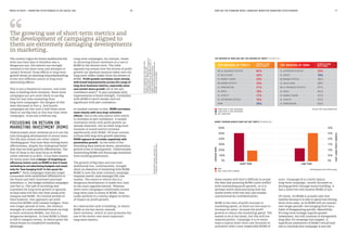MEDIA IN FOCUS — MARKETING EFFECTIVENESS IN THE DIGITAL ERA HOW HAS THE CHANGING MEDIA LANDSCAPE BENEFITED MARKETING EFFECTIVENESS?70 71
The current vogue for brand dashboards fed
with real-time data is therefore also a
dangerous one: the metrics are strongly
oriented to the short term and attempts to
‘project forward’ those effects to long-term
growth shows an alarming misunderstanding
of the very different nature of long-term
advertising effects.
This is not a theoretical concern: real-time
data is fuelling short-termism. Short-term
campaigns are 40% more likely to use Big
Data for real-time marketing than
long-term campaigns: the dangers of this
were discussed in Part 4. And loyalty
campaigns are two-and-a-half times more
likely to use Big Data in this way than other
campaigns. As you sow, so shall you reap.
Unfortunately short-termism per se is not the
only damaging development in recent years.
The IPA data reveals two other related
‘smoking guns’ that have been driving down
effectiveness, despite the widespread belief
that they are both good for effectiveness. The
first of these is the close focus on ROMI
(often referred to as ROI). It has been known
for many years that a danger of targeting an
efficiency metric such as ROMI is that it leads
marketing to cut advertising budgets and reach
only for ‘low-hanging fruit’ in the quest for
growth.43
Such campaigns typically target
consumers with established affiliations to
the brand and with imminent purchase
intentions i.e. low budget activation campaigns
(see Part 4). The task of recruiting new
customers for long-term growth is ignored,
so base sales will fall over time along with
margins and ROMI. For limited periods of
time however, this approach can yield
attractive ROMIs with modest budgets. Even
over longer periods of time, the residual
strength of a well-established brand can help
to boost activation ROMIs, but this is a
dangerous deception. In time ROMI is likely
to fall to category norms, at which point the
brand enjoys no competitive marketing
advantage.
FOCUSSING ON RETURN ON
MARKETING INVESTMENT (ROMI)
44Thecorrelationsinthetablewere
testedatboththe95%and99%
confidencelevels.While95%confidence
isstandardformoststatisticaltests,a
higherconfidencelevelismore
appropriatewhenrepeatedtestsare
involved,asinthistable.
43See‘ROIisdead,nowburyit’,
T.Ambler,AdmapSeptember2004.
Long-term campaigns, by contrast, invest
in attracting future customers at a cost to
ROMI in the shorter term. The table
opposite top reveals how the drivers of profit
growth (an absolute measure taken over the
long term) differ widely from the drivers of
ROMI. Profit growth correlates most closely
with broad improvements across the range of
long-term business metrics, especially sales
and market share growth (all at the 99%
confidence level).44
It also correlates with
improvements to brand strength. Correlation
with ROMI is much weaker and not
significant with 99% confidence.
In marked contrast to this, ROMI correlates
most closely with very large activation
effects: this is the only metric with which
it correlates at 99% confidence. A weaker
correlation exists with profit growth (as
already observed), but no other long-term
business or brand metrics correlate
significantly with ROMI. Of most concern
to those with long-term growth objectives,
ROMI appears to correlate negatively with
penetration growth. As the work of the
Ehrenberg-Bass Institute shows, penetration
growth is key to brand growth. Unfortunately
maximising ROMI will discourage marketers
from building penetration.
The growth of Big Data and real-time
dashboards has, unfortunately, brought
about an obsession of marketing with ROMI.
ROMI is now the most common campaign
response metric used amongst IPA case
studies. The extent to which this is a
dangerous development is made very clear
in the chart opposite bottom. Whereas
short-term campaigns comfortably exceed
long-term ones in terms of ROMI, they
under perform to a similar degree in terms
of impact on profit growth.
So a destructive cycle is building, in which
ROMI as the key metric rewards
short-termism, which in turn promotes the
use of the metric over more important
long-term metrics.
Some readers will find it difficult to accept
the idea that pursuing ROMI could conflict
with maximising profit growth, so it is
perhaps worth demonstrating how the
maths works with two real case studies
(anonymised for confidentiality).
ROMI is the ratio of profit increase to
marketing spend, so there are two ways to
increase its value: increase the profit
growth or reduce the marketing spend. The
easiest to do is the latter, but this will not
improve profits. Campaign A is in many
ways a typical short-term case focussed on
activation with a very respectable ROMI of
103%. Campaign B is a fairly typical
long-term campaign, mostly focussed on
driving growth through brand building: it
has a lower but still healthy ROMI of 65%.
Of course, A’s ROMI is actually only that
healthy because it is able to spend less driving
short-term sales, so its ROMI will not sustain
over longer periods: low hanging fruit has a
habit of disappearing quickly. Meanwhile,
B’s long-term strategy requires greater
investment, but will continue to drivegrowth
long after A’s campaign has stopped. A
superficial assessment of ROMI’s would lead
one to conclude that campaign A was the
NO.VL BUSINESS EFFECTS
VL SALES GAIN
VL MARKET SHARE
NO.BRAND EFFECTS
VL PENETRATION
VL PRICE
VL LOYALTY
VL ACTIVATION EFFECTS
ROMI
VL ACTIVATION EFFECTS
VL PROFIT
NO.BRAND EFFECTS
VL SALES GAIN
NO.VL BUSINESS EFFECTS
VL PRICE
VL MARKET SHARE
VL LOYALTY
VL PENETRATION
64%
40%
23%
23%
21%
18%
17%
15%
15%
-
-
SIGNIFICANT AT 99% CONFIDENCE
SIGNIFICANT AT 95% CONFIDENCE
NOT SIGNIFICANT
TOP DRIVERS OF PROFIT TOP DRIVERS OF ROMI
THE DRIVERS OF ROMI ARE NOT THE DRIVERS OF PROFIT (FIGURE 61)
CORRELATION
WITH PROFIT
CORRELATION
WITH ROMI
23%
15%
08%
08%
07%
04%
01%
01%
03%
Source: IPA cases 2008-2016
The growing use of short-term metrics and
the development of campaigns aligned to
them are extremely damaging developments
in marketing.
ROMI
VERY LARGE PROFIT GROWTH
SHORT-TERMISM BOOSTS ROMI BUT NOT PROFIT (FIGURE 62)
0% 0%
100% 05%
200% 10%
300% 15%
400% 20%
500% 25%
600% 30%
SHORT TERM LONG TERM
AVERAGEROMI
VERYLARGEPROFITGROWTH
IPA Databank, 2014-2016 cases
 