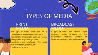 TYPES OF MEDIA
This type of media paper and ink is
reproduced in a printing process that is
traditionally mechanical such as books,
newspapers, magazines, journals,
newsletters, and brochures. Print media
may include text, graphics, or a
combination of both.
A type of media that reaches target
audiences using airwaves as the
transmission medium. Examples of
broadcast media are radio and television.
PRINT
MEDIA
BROADCAST
MEDIA
 