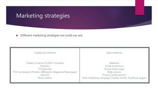 Marketing strategies
 Different marketing strategies we could use are:
Traditional methods New methods
Trailers (Cinema,TV,DVD, Youtube)
Premiers
TV Interview
Print campaigns (Posters, Billboards, Magazine/Newspaper
adverts)
Music videos
Websites
Email promotion
Social media page
Blog reviews
Product endorsement
Viral marketing campaign (Twitter trends, Facebook pages)
 