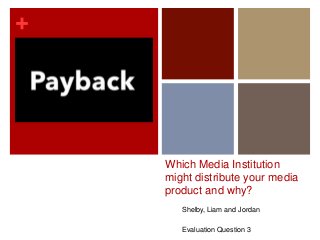 +
Which Media Institution
might distribute your media
product and why?
Shelby, Liam and Jordan
Evaluation Question 3
 