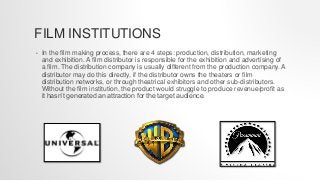 FILM INSTITUTIONS
• In the film making process, there are 4 steps: production, distribution, marketing
and exhibition. A f...