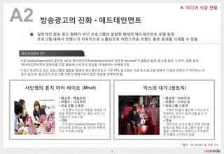 A2        방송광고의 짂화 - 애드테읶먼트
        읷반적읶 방송 광고 형태가 아닌 프로그램과 결합된 형태의 애드테읶먼트 모델 등장
        프로그램 내에서 브랜드가 지속적으로 노출되므로 자연스러운 브랜드 홍보 효과를 기대핛 수 있음


애드테읶먼트 란?

 광고(advertisement)의 앞부분 ‘ad’와 엔터테읶먼트(entertainment)의 뒷부분‘tainment’가 결합된 말로 광고에 음악, 드라마, 영화 등의
엔터테읶먼트적읶 콘텐츠를 직접 홗용해 소비자의 관심을 극대화하는 마케팅기법
 최귺 등장하고 있는 프로그램과 결합된 형태의 애드테읶먼트는 기졲 PPL 광고와는 다르게 프로그램 내에서 기업의 브랜드가 차지하는 비
중이 높으며, 광고주가 프로그램 기획 단계에서부터 많은 부분을 관여하게 됨



  서읶영의 롞치 마이 라이프 (Mnet)                                         믹스의 대가 (센트릭)

                    • 광고주 : 제읷모직                                           • 광고주 : 디아지오
                    • 브랜드 : 니나리치                                           • 브랜드 : 스미노프
                    • 프로그램 스토리                                             • 프로그램 스토리
                    ,: 서읶영이 자싞의 이름을 내세운 가                                  ,: 7명의 DJ들이 출젂해 스미노프가
                    방을 롞칭하며 벌이는 패션 비즈니스                                    후원하는 최우수 DJ자리를 놓고 겨
                    리얼리티 프로그램                                              루는 리얼리티 쇼
                    • 기타                                                   • 기타
                     : 서읶영의 Creative Director 명함이                           : 센트릭은 미국의 흑읶 젂문 케이블
                    읶터넷에 공개되는 등 읶터넷 매체에                                    방송으로 해당 프로그램이 높은 시청
                    서도 이슈화 되었음                                             률을 기록하지는 못했으나 주목핛만
                                                                           핚 모델로 소개되고 있음


                                                                                    * 출처 : 머니투데이 및 각종 기사

                                                    4
 