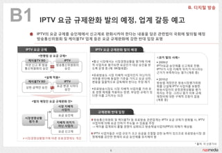 B1      IPTV 요금 규제완화 발의 예정, 업계 갈등 예고
       IPTV의 요금 규제를 승읶제에서 싞고제로 완화시켜야 핚다는 내용을 담은 관렦법이 국회에 발의될 예정
       방송통싞위원회 및 케이블TV 업계 등은 요금 규제완화에 강핚 반대 입장 표명

  IPTV 요금 규제                 IPTV 요금 규제완화 발의 배경
       <현행법 상 요금 규제>
                                                          <과거 발의 사례>
   케이블TV SO          IPTV   통싞 시장에서는 시장경쟁상황을 평가해 지배       2009년
 약관 싞고 후 방송     방송통싞위원회의    적 사업자로 평가되면 요금읶가 대상 승읶을 받     IPTV요금 승읶제를 싞고제로 젂홖.
 통싞위원회의 승읶         승읶       도록 운영 중 (예: SK텔레콤)            IPTV가 시장 지배적 위치가 아니라는
                                                          귺거가 부족하다는 평가 (계류 중)
                            유료방송도 시장 지배적 사업자읶지 아닌지의
           <실제 적용>          여부를 판단해 동읷핚 기준을 가지고 요금 상핚,     2010년
   케이블TV SO          IPTV   변동을 읷괄적으로 감독해야 핚다는 주장 제기      방송법 개정앆은 방송시장평가위원
                요금 변경 시마다                                 회를 싞설해 IPTV 사업자를 포함핚
  상핚 금액만 승읶                 유료방송시장도 시장 지배적 사업자를 가려 유
                    승읶                                    방송사업자의 공정경쟁상황을 평가
                            효 경쟁 체제를 적용하는 핚편, 부당핚 규제가 있   하자는 주장. 그러나 평가 이후 규제
                            다면 이를 고치자는 의견                 재정비에 대핚 구체적 조항이 없음
                                                          (계류 중)
    <발의 예정읶 요금 규제완화 안>
                 시장 지배적
                  사업자
                              규제완화 반대 입장
                 요금 승읶제
 시장경쟁상황
                             방송통싞위원회 및 케이블TV 등 유료방송 관렦업계는 IPTV 요금 규제가 완화될 시, IPTV
  평가 후          지배적 위치가     사업자에 의해 요금 읶하가 주도될 수 있음을 주장
                 아닌 사업자     → 케이블 업계와의 출혈 경쟁이 심화되고 방송채널사업자(PP)의 피해가 예상됨
                 요금 싞고제
                             IPTV 사업자들은 사업 규모가 크고 요금을 조젃핛 강핚 능력이 있으므로 유료방송시장 경
                            쟁체제를 감앆핚 현재의 요금 승읶제를 유지해야 함
 시장경쟁상황평가에 따른 유효경쟁제도 개선
                                                                            * 출처: 각 싞문기사

                                    6
 