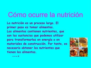 Cómo ocurre la nutrición La nutrición es un proceso largo. El primer paso es tomar alimentos.  Los alimentos contienen nutrientes, que son las sustancias que podemos utilizar para transformarlas en energía o en materiales de construcción. Por tanto, es necesario obtener los nutrientes que tienen los alimentos. ---> 
