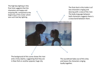 The final shot in this trailer is of
two characters singing and
dancing with a view of the river.
The body language between
both characters suggests there is
a close bond between them.
The background of this scene shows the river
and a misty skyline, suggesting that they are
in New York or another popular, huge city.
The high key lighting in this
final shot suggests that the
characters are happy and
enjoying life, compared to the
beginning of the trailer which
was such low key lighting.
The soundtrack fades out of this shot,
and leaves the characters singing
loudly together.
 