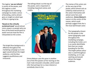 The names of the actors are
at the very top of the
poster, which almost acts as
celebrity endorsement as
the actors themselves will
attract some fans and
audiences. Emma Watson’s
name is in the centre of the
names, which could
perhaps suggest that she is
the most well known actor.
‘Based on the critically
acclaimed novel’ would attract
more viewers as people who are
fans of the book would want to
watch and see how the film is
interpreted on the screen.
The tagline ‘we are infinite’
is centre of the poster, and
this tagline is used
throughout the marketing
campaign to create a sense
of branding, and to almost
give an insight on what type
of film it is going to be.
The typography chosen
for this poster is the
same typography used
throughout the
marketing campaign,
including the trailer, as it
is an easily identifiable
font that can create
branding for the film.
The bright yellow colour
also is used throughout
marketing, as it is eye
catching and would
attract the target
audience.
The bright blue background is
effective throughout the
marketing campaign as it one
again would attract the target
audience, and the blue
suggests youthfulness and
innocence. Emma Watson uses this pose in another
one of the film posters of her leaning on the
main male characters shoulder, which could
infer that perhaps he is a love interest or
somebody close to her.
The billings block is at the top of
the poster, and is important in
including important names and
credits.
 