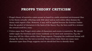 PROPPS THEORY CRITICISM
• Propp’s theory of narrative comes across as based in a male orientated environment (due
to his theory actually reflecting early folk tales) and as such critics often dismiss the
theory with regard a film. However, it may still be applied because the function (rather
than the gender) of characters is the basis of the theory. E.g. the hero could be a woman;
the reward could be a man.
• Critics argue that Propp’s strict order of characters and events is restrictive. We should
rather apply the functions and events randomly as we meet new narratives. E.g. the
hero may kill the villain earlier than Propp expects. Changing the traditional format will
change the whole way the text is received. Some critics claim there are many more
character types than Propp suggests and we should feel free to identify them.
 