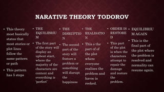 NARATIVE THEORY TODOROV
• This theory
most basically
states that
most stories or
plot lines
follow the
same pattern
or path
• This pattern
has 5 steps
• THE
EQUILIBRIU
M
• The first part
of the story will
display an
upbeat start,
where the
majority of the
characters are
content and
everything is
‘perfect’
• THE
DISRUPTIO
N
• The second
part of the
story will
feature a
problem or
something
will disrupt
the
happiness
• THE
REALISATIO
N
• This s the
part of of
the plot
where
everyone
realises the
problem and
havoc is
reeked.
• ORDER IS
RESTORE
D
• This part
of the plot
is when the
characters
attempt to
repair the
damage
and restore
the
problem.
• EQUILIBRIU
M AGAIN
• This is the
final part of
the plot where
the problem is
resolved and
normality can
resume again.
 