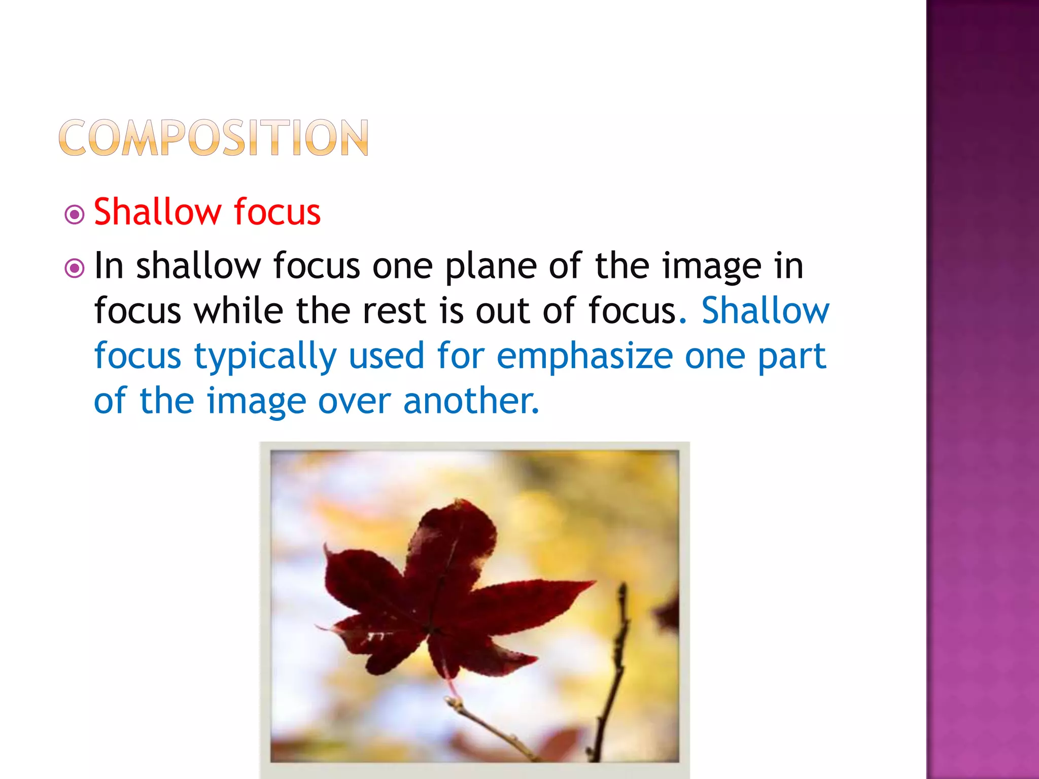  Shallow  focus
 In shallow focus one plane of the image in
  focus while the rest is out of focus. Shallow
  focus typically used for emphasize one part
  of the image over another.
 