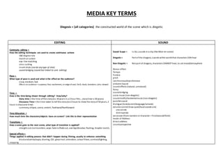 MEDIA KEY TERMS
Diegesis = (all categories) the constructed world of the scene which is diegetic
EDITING SOUND
Continuity editing =
How the editing techniques are used to create continuous actions
180 degree rule
match on action
eye-line matching
cross cutting
insert shots (can be anytype of shot)
sound bridging (sound but linked to cont. editing)
Pace =
What type of pace is used and what is the effect on the audience?
slow, medium, fast
Effects on audience=suspense, fear, excitement, on edgeofseat, thrill, shock, boredom, calm, relaxed
Time =
How is the time being shown through editing? How/why?
Story time = the time ofthe story(ex. 50 years in a 2 hour film….storytime is 50 years)
Discourse Time = the time taken to tell the story(ex 2 hours to show the storyof 50 years, 2
hours is discourse time)
summary, ellipsis, scene, stretch, flashback/flashforward
Time Allocation =
How much time the characters/objects have on screen? Link this to their representation
Transitions =
How a scene goes to the next scene, what type of transition is applied?
straight cuts (notransition, wipe, fade in/fade out, overlap/dissolve, flashing, Graphic match,
Special effects =
Things applied in editing process that didn’t happen during filming, usually to enhance something
blackandwhite/sepia, blurring, CGI, ghost trail, animation, colour filters, contrast/lighting,
cropping
Sound Scape = Is ALL sounds in a clip (like Mise-en-scene)
Diegetic = Part of the diegesis, sounds withinworldthat characters CAN hear
Non-Diegetic = Not part of diegesis, characters CANNOT hear, to set mood/atmosphere
Atmos effect
Tempo
Timbre
pitch
synchronous/asynchronous
ambient Sound
soundeffects (natural, unnatural)
foley
soundbridging
score music (non-diegetic)
soundmotifs/incidentalmusic (non-diegetic)
parallel sound
dialogue (tone/accent/language/volume)
volume control (how quiet/loudsounds are)
crescendo
diminuendo
voiceover (from narrator or character = first/second/third)
mode of Address
direct address
soundperspective
 