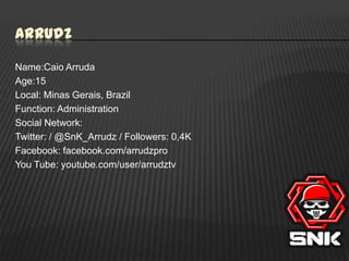 Arrudz
Name:Caio Arruda
Age:15
Local: Minas Gerais, Brazil
Function: Administration
Social Network:
Twitter: / @SnK_Arrudz / Followers: 0,4K
Facebook: facebook.com/arrudzpro
You Tube: youtube.com/user/arrudztv

 