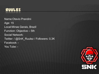 Ruulez
Name:Otavio Prandini
Age: 15
Local:Minas Gerais, Brazil
Function: Objective – 5th
Social Network:
Twitter: / @SnK_Ruulez / Followers: 0,3K
Facebook: You Tube: -

 