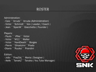 ROSTER
Administration:
- Caio ´´Arrudz`` Arruda (Administration)
- Victor ´´Schmidt`` Von ( Leader / Coach )
- Jean ´´SpanW`` Giacchetto ( Founder )
Players:
- Paulo ´´ iPlks`` Victor
- Victor ´´M11`` Walter
- Victor ´´HardDeath`` Borges
- Pierre ´´Ghostzinn``Prado
-Otavio ´´Ruulez`` Prandini
Edition:
- João ´´FraqTaL`` Maria ( Designer )
- Alefe ´´TanakZ`` Tanaka ( You Tube Manager)

 