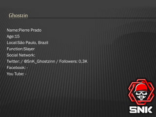 Ghostzin
Name:Pierre Prado
Age:15
Local:São Paulo, Brazil
Function:Slayer
Social Network:
Twitter: / @SnK_Ghostzinn / Followers: 0,3K
Facebook: You Tube: -

 