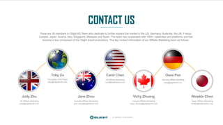 ILLUMINATE YOUR WORLD
CONTACT US
There are 35 members in Olight KD Team who dedicate to further expand the market in the US, Germany, Australia, the UK, France,
Canada, Japan, Austria, Italy, Singapore, Malaysia and Spain. The team has cooperated with 1000+ celebrities and platforms and has
become a key component of the Olight brand promotions. The key contact information of our Affiliate Marketing team as follows.
The leader of KD Team
toby@olightworld.com
Toby Xu
US Affiliate Marketing
carol@olightworld.com
Carol Chen
Germany Affiliate Marketing
oase@olightworld.com
Oase Pan
UK Affiliate Marketing
judy@olightworld.com
Judy Zhu
Australia Affiliate Marketing
jane_zhou@olightworld.com
Jane Zhou
Canada Affiliate Marketing
vicky_zhuang@olightworld.com
Vicky Zhuang
Japan Affiliate Marketing
wowkie@olightworld.com
Wowkie Chen
 
