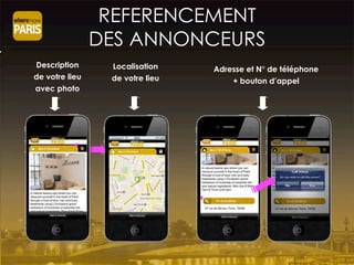 REFERENCEMENT
DES ANNONCEURS
Description
de votre lieu
avec photo
Adresse et N° de téléphone
+ bouton d’appel
Localisation
de votre lieu
 