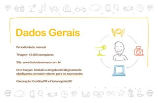 Dados Gerais
Periodicidade: mensal

Tiragem: 12.000 exemplares

Site: www.festadasemana.com.br

Distribuição: Gratuíta e dirigida estratégicamente
objetivando um maior retorno para os anunciantes

Circulação: Curitiba/PR e Florianópolis/SC
 