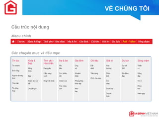 VỀ CHÚNG TÔI 
Cấu trúc nội dung 
Menu chính 
Các chuyên mục và tiểu mục  