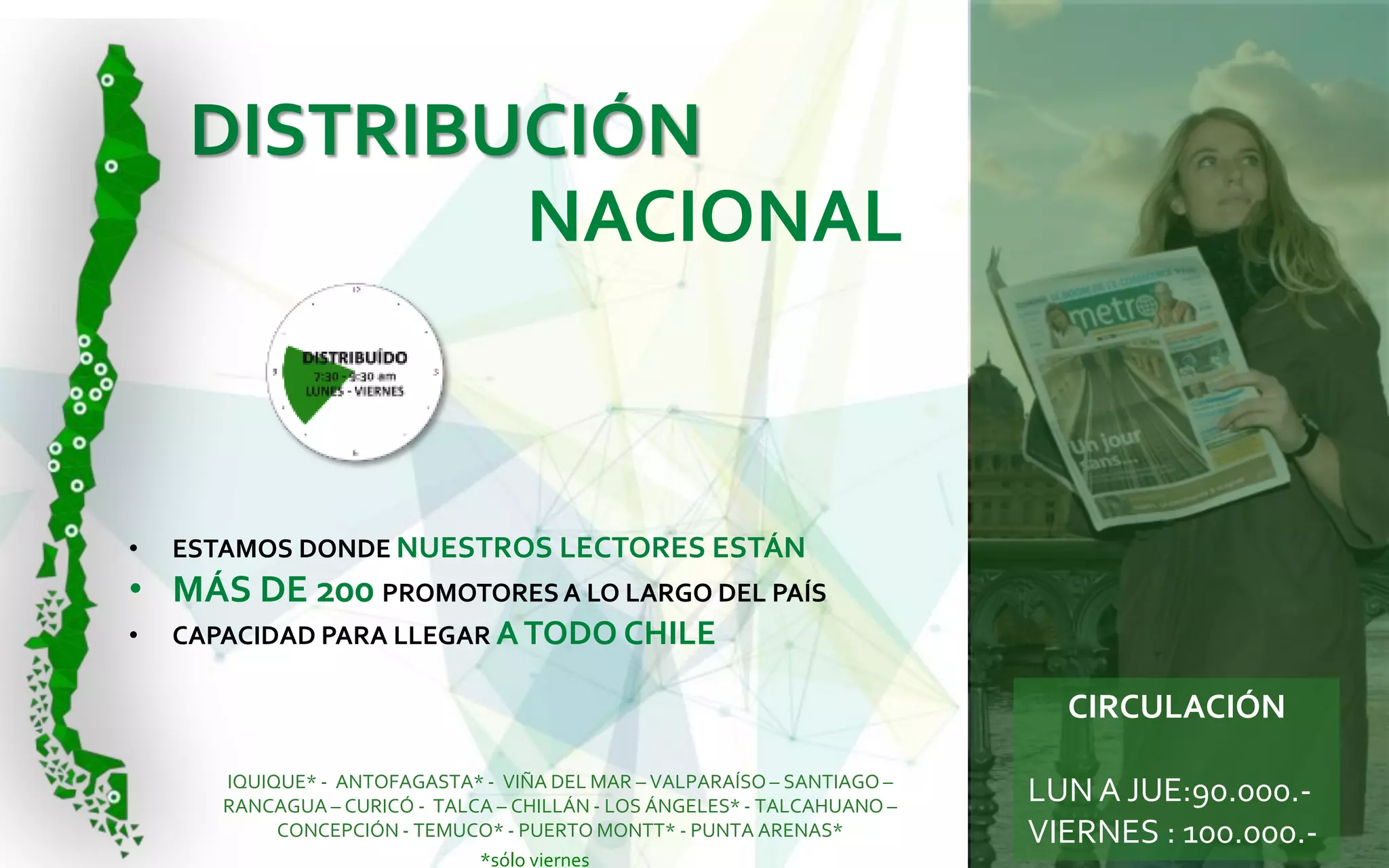DISTRIBUCIÓN
NACIONAL
• ESTAMOS DONDE NUESTROS LECTORES ESTÁN
• MÁS DE 200 PROMOTORESA LO LARGO DEL PAÍS
• CAPACIDAD PARA LLEGAR ATODO CHILE
IQUIQUE* - ANTOFAGASTA* - VIÑA DEL MAR – VALPARAÍSO – SANTIAGO –
RANCAGUA – CURICÓ - TALCA – CHILLÁN - LOS ÁNGELES* - TALCAHUANO –
CONCEPCIÓN - TEMUCO* - PUERTO MONTT* - PUNTA ARENAS*
*sólo viernes
CIRCULACIÓN
LUN A JUE:90.000.-
VIERNES : 100.000.-