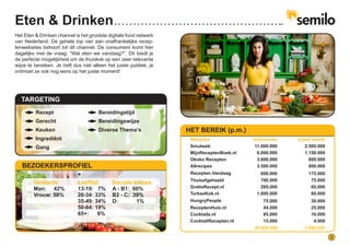 3
Eten & Drinken
Het Eten & Drinken channel is het grootste digitale food netwerk
van Nederland. De gehele top vier aan onafhankelijke recep-
tenwebsites behoort tot dit channel. De consument komt hier
dagelijks met de vraag: “Wat eten we vandaag?”. Dit biedt je
de perfecte mogelijkheid om de thuiskok op een zeer relevante
wijze te bereiken. Je treft dus niet alleen het juiste publiek, je
ontmoet ze ook nog eens op het juiste moment!
Geslacht Leeftijd	 Sociale klasse
13-19: 7%
20-34: 33%
35-49: 34%
50-64: 19%
65+: 	 6%
A - B1: 60%
B2 - C: 39%
D:	 1%
Man: 42%
Vrouw: 58%
BEZOEKERSPROFIEL
Recept
Gerecht
Keuken
Ingrediënt
Gang
Bereidingstijd
Bereidingswijze
Diverse Thema’s
TARGETING
HET BEREIK (p.m.)
Websites	 Impressies Uniek bereik
Smulweb 11.000.000 2.500.000
MijnReceptenBoek.nl 6.000.000 1.150.000
Okoko Recepten 3.600.000 800.000
Allrecipes
Recepten Vandaag
3.500.000
600.000
800.000
175.000
Thuisafgehaald 700.000 75.000
GratisRecept.nl 285.000 65.000
TurkseKok.nl
HungryPeople
1.000.000
75.000
60.000
30.000
ReceptenHuis.nl 44.000 25.000
Cocktailz.nl 85.000 16.000
CocktailRecepten.nl 15.000 4.000
26.904.000 3.990.000
 