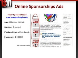 Online Sponsorships Ads
   “Star” Sponsorship Ad
  www.businessinbajio.com

Size: 150 wide x 194 high

Duration: One month

Position: Single ad (not shared)

Investment: $ 9,000.00



               Rate does not include tax
 