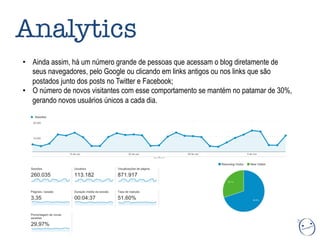 Analytics
•  Ainda assim, há um número grande de pessoas que acessam o blog diretamente de
seus navegadores, pelo Google ou clicando em links antigos ou nos links que são
postados junto dos posts no Twitter e Facebook;
•  O número de novos visitantes com esse comportamento se mantém no patamar de 30%,
gerando novos usuários únicos a cada dia.
 