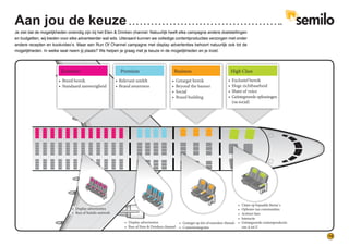 10
	
•	 Breed bereik
•	 Standaard aanwezigheid
•	 Relevant umfelt
•	 Brand awareness
•	 Getarget bereik
•	 Beyond the banner
•	 Social
•	 Brand building
•	 Exclusief bereik
•	 Hoge zichtbaarheid
•	 Share of voice
•	 Geïntegreerde oplossingen 	
	 (oa social)
•	 Display advertenties
•	 Run of Semilo network
•	 Display advertenties
•	 Run of Eten & Drinken channel
•	 Getarget op één of meerdere 	thema’s
•	 Contentintegratie
•	 Claim op bepaalde thema’ s
•	 Opbouw van communities
•	 Activeer fans
•	 Interactie
•	 Geïntegreerde contentproductie	
	 van A tot Z
Aan jou de keuze
High ClassBusinessPremiumEconomy
Je ziet dat de mogelijkheden oneindig zijn bij het Eten & Drinken channel. Natuurlijk heeft elke campagne andere doelstellingen
en budgetten, wij bieden voor elke adverteerder wat wils. Uiteraard kunnen we volledige contentproducties verzorgen met onder
andere recepten en kookvideo’s. Maar een Run Of Channel campagne met display advertenties behoort natuurlijk ook tot de
mogelijkheden. In welke seat neem jij plaats? We helpen je graag met je keuze in de mogelijkheden en je inzet.
 