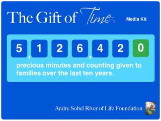 The Gift of Time                         Media Kit




 5 , 1       2       6 , 4           2        0
 precious minutes and counting given to
 families over the last ten years.




            Andre Sobel River of Life Foundation
 
