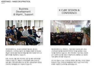 ASSISTANCE – HANDS ON & PRACTICAL 
Business 
Development 
& Mgmt., Support 
케이큐브벤처스는 국내외 업계전문가들과의 (투자사, 
인큐베이터, 스타트업, 통신사 및 포털을 포함한 대기업 등) 
폭넓은 네트워크를 바탕으로 패밀리를 위한 다양한 비즈니스 
협력기회를 제공해오고 있습니다. 
또한, 아시아 진출 관련 적극적인 조언 및 해외 네트워킹을 
지원하고 있습니다. 패밀리 스타트업들에 대해 인재소싱, 
대외 홍보, 세무/법무/회계 이슈 등 회사 경영/운영과 관련된 
구체적인 영역들을 상시 지원하고 있습니다. 
K CUBE SESSION & 
CONFERENCE 
케이큐브벤처스는 컨퍼런스, 기업가정신 세션과 같이 국내 
스타트업의 발전을 위해 정기적으로 지식을 공유할 수 있는 
자리를 마련하고 있습니다. 특히 케이큐브 기업가정신 세션은 
2011년부터 임지훈 대표가 자발적으로 진행해온 VC 세션의 
기본 철학과 취지를 이어갑니다. 
2013년 2월 ‘K Cube 스타트업 컨퍼런스’를 개최, 카카오 김범수 
의장님이 직접 ‘스타트업 후배들에게 해주고 싶은 이야기’라는 
주제로 귀중한 인사이트를 공유하였습니다. 
 