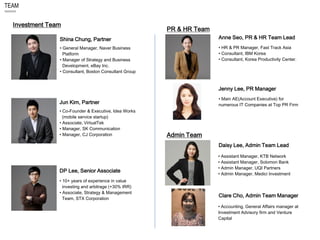 TEAM
Investment Team
• General Manager, Naver Business
Platform
• Manager of Strategy and Business
Development, eBay Inc.
...