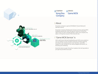 Kong Doo company Is games MCN(Multi Channel Network)
specialist startup.
Kong Doo Company Professional is Korea’s premier gaming MCN
originally starting with StarCraft gamers Hong Jin Ho and Kim
Taek Young. For the currently popular e-Sport, the company has
taken on 50 gamers as part of the channel crew.
With well-known internet broadcasting and VOD service platform
such as Afreeca TV and Youtube, Kong Doo introduce gaming
and eSports live streaming of its crew members, and offers
support to crew member of the various leagues and events, for
branding and marketing.
Kong Doo plans to open Kong Doo Academy that will specialize in
pro-gaming and MCN next year.
COMPANY SERVICE
 