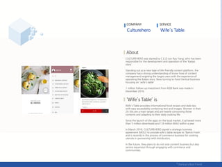 COMPANY SERVICE
CULTUREHERO was started by C.E.O Jun Kyu Yang, who has been
responsible for the development and operation of the ‘Kakao
story’.
Standing out as a new type of life-friendly content platform, the
company has a strong understanding of know-how of content
management targeting the target users with the experience of
operating the Kakao story. Now turning to Food Vertical business
focusing on 'wife's table'
1 million follow-up investment from KDB Bank was made in
December 2016.
Wife's Table provides informational food recipes and daily tips
with easy accessibility combining text and images. Women in their
20-30s are a main target and are heavily consuming those
contents and adapting to their daily cooking life.
Since the launch of the apps on the local market, it achieved more
than 5 million downloads and 1.8 million MAU within a year.
In March 2016, CULTUREHERO signed a strategic business
agreement (MOU) to provide wife's table recipes to 'Bamin Fresh‘,
and is recently in the process of commerce business for cooking
utensils in partnership with distributors.
In the future, they plans to do not only content business but also
service expansion through engaging with commerce and
communities.
 