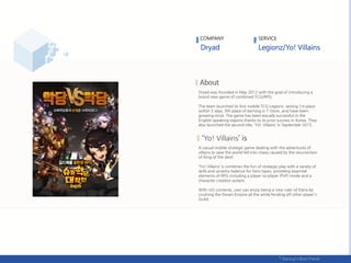 Dryad was founded in May 2012 with the goal of introducing a
brand new genre of combined TCG/RPG.
The team launched its first mobile TCG Legionz, seizing 1st place
within 3 days, 9th place of earning in T-Store, and have been
growing since. The game has been equally successful in the
English-speaking regions thanks to its prior success in Korea. They
also launched the second title, ‘Yo! Villains’ in September 2015.
Yo! Villains
A casual mobile strategic game dealing with the adventures of
villains to save the world fell into chaos caused by the resurrection
of King of the devil.
‘Yo! Villains’ is combines the fun of strategic play with a variety of
skills and synastry balance for hero types, providing essential
elements of RPG including a player-vs-player (PvP) mode and a
character creation system.
With rich contents, user can enjoy being a new ruler of Etera by
crushing the Deven Empire all the while fending off other player's
Gulid.
COMPANY SERVICE
 