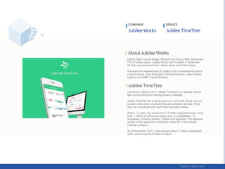 Led by Chief Culture-design Officer(CCO) Cha Jin Park, the former
CEO of Kakao Japan, Jubilee Works was founded in September
2014 by key personnel from Yahoo Japan and Kakao Japan.
The team has received over $2 million USD in investments from K
Cube Ventures, Toei Animation, Plantree Partners, Seibu Shinkin
Capital, and SMBC Capital Markets.
Launched in March 2015, ‘Jubilee TimeTree’ is a calendar service
app for recording and sharing private schedules.
Jubilee TimeTree lets small groups such as friends, family, and co-
workers share their schedules through a shared calendar. There
they can coordinate with each other and plan ahead.
Within 1.5 years, the service has 2.3 million registered users, more
than 1 million of whom are active users. It is available in 13
languages, including Korean, English and Japanese. The Japanese
version of the application had been ranked #1 in the shared
calendar category.
As of November 2016, it has secured about 3 million subscribers
with a good majority of them in Japan.
.
COMPANY SERVICE
 