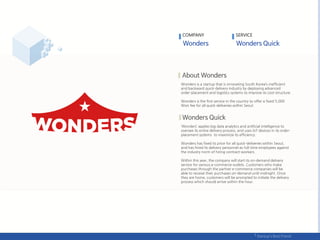Wonders is a startup that is innovating South Korea’s inefficient
and backward quick-delivery industry by deploying advanced
order-placement and logistics systems to improve its cost-structure.
Wonders is the first service in the country to offer a fixed 5,000
Won fee for all quick-deliveries within Seoul.
‘Wonders’ applies big data analytics and artificial intelligence to
oversee its entire delivery process, and uses IoT devices in its order-
placement systems to maximize its efficiency.
Wonders has fixed its price for all quick-deliveries within Seoul,
and has hired its delivery personnel as full-time employees against
the industry norm of hiring contract-workers.
Within this year, the company will start its on-demand delivery
service for various e-commerce outlets. Customers who make
purchases through the partner e-commerce companies will be
able to receive their purchases on-demand until midnight. Once
they are home, customers will be prompted to initiate the delivery
process which should arrive within the hour.
COMPANY SERVICE
 