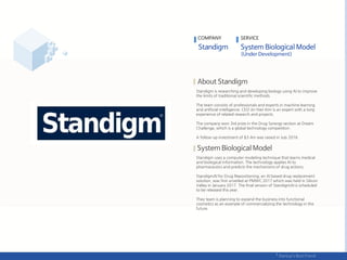 COMPANY SERVICE
Standigm is researching and developing biology using AI to improve
the limits of traditional scientific methods.
The team consists of professionals and experts in machine learning
and artificial intelligence. CEO Jin-Han Kim is an expert with a long
experience of related research and projects.
The company won 3rd prize in the Drug Synergy section at Dream
Challenge, which is a global technology competition .
A follow-up investment of $3.4m was raised in July 2016.
Standigm uses a computer modeling technique that learns medical
and biological information. The technology applies AI to
pharmaceutics and predicts the mechanisms of drug actions.
StandigmAI for Drug Repositioning, an AI based drug replacement
solution, was first unveiled at PMWC 2017 which was held in Silicon
Valley in January 2017. The final version of StandigmAI is scheduled
to be released this year.
They team is planning to expand the business into functional
cosmetics as an example of commercializing the technology in the
future.
 