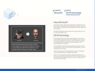 COMPANY SERVICE
BinaryVR is a Silicon Valley startup that was founded by Jihun Yu,
who worked for Industrial Light and Magic (owned by Lucasfilm).
From there, he researched and developed facial motion capturing
technologies.
The team showed off its facial expression tracking demo over at
CES 2016 and MWC 2016.
The company’s technology can create 3D avatars and can also
track facial expressions in real time for VR device users. Users can
create a personalized 3D face from a 2D facial photo, and they
can overlay their facial expressions onto the avatar or any
computer graphic in real time.
An app named Juke Face was launched that uses their own VR
masking feature. Users can swap faces with celebrities or animal
characters with no delay.
Their face recognition technology was also used in a live demo
that was prepared by the company High Fidelity.
Earlier in 2017, BinaryVR launched a software development kit
that can work with Oculus Rift and HTC Vive. They plan to expand
their business to mobile phones by launching social games that
uses their VR technology.
 