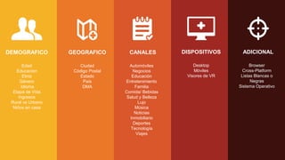 Ciudad
Código Postal
Estado
País
DMA
GEOGRAFICO
Automóviles
Negocios
Educación
Entretenimiento
Familia
Comida/ Bebidas
Salud y Belleza
Lujo
Música
Noticias
Inmobiliario
Deportes
Tecnología
Viajes
CANALES
Edad
Educacion
Etnia
Género
Idioma
Etapa de Vida
Ingresos
Rural vs Urbano
Niños en casa
DEMOGRAFICO
Browser
Cross-Platform
Listas Blancas o
Negras
Sistema Operativo
ADICIONAL
Desktop
Móviles
Visores de VR
DISPOSITIVOS
 