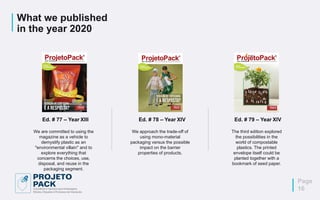 What we published
in the year 2020
Ed. # 79 – Year XIV
The third edition explored
the possibilities in the
world of compostable
plastics. The printed
envelope itself could be
planted together with a
bookmark of seed paper.
We approach the trade-off of
using mono-material
packaging versus the possible
impact on the barrier
properties of products.
Ed. # 78 – Year XIV
We are committed to using the
magazine as a vehicle to
demystify plastic as an
"environmental villain" and to
explore everything that
concerns the choices, use,
disposal, and reuse in the
packaging segment.
Ed. # 77 – Year XIII
Page
16
 